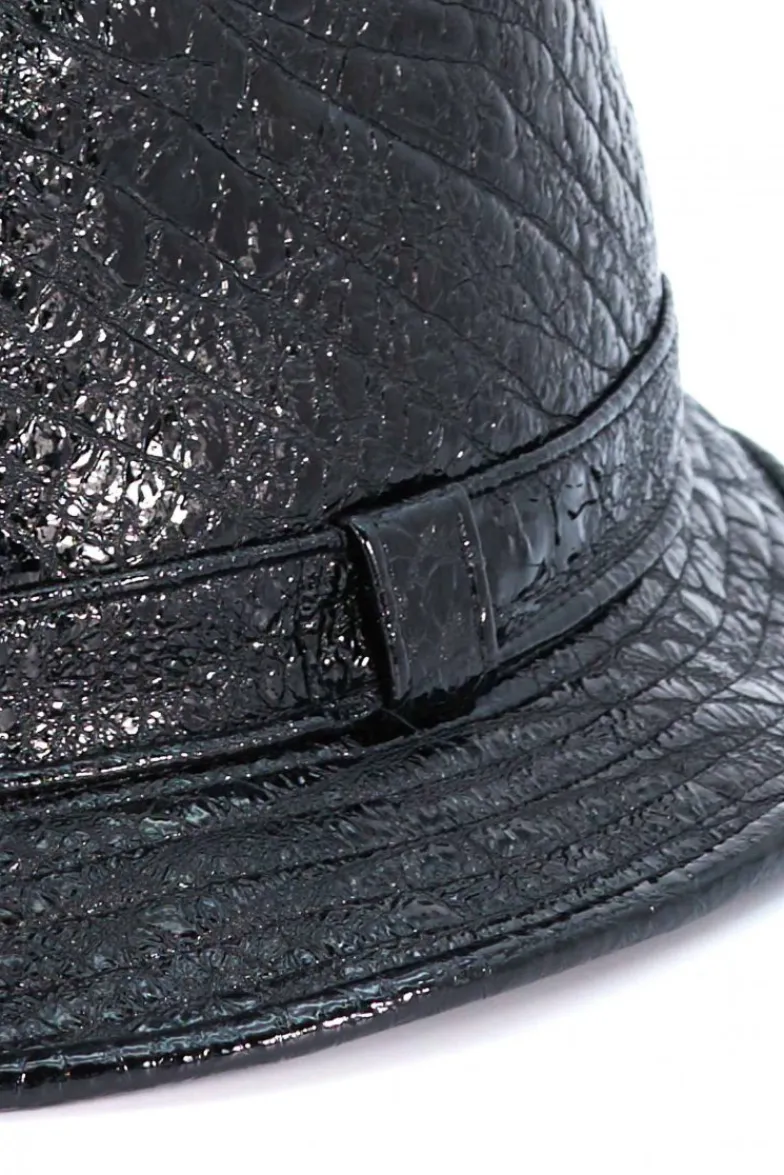 Donna D'Arienzo New York - Cappello da donna in pelle laminata nera stile borsalino