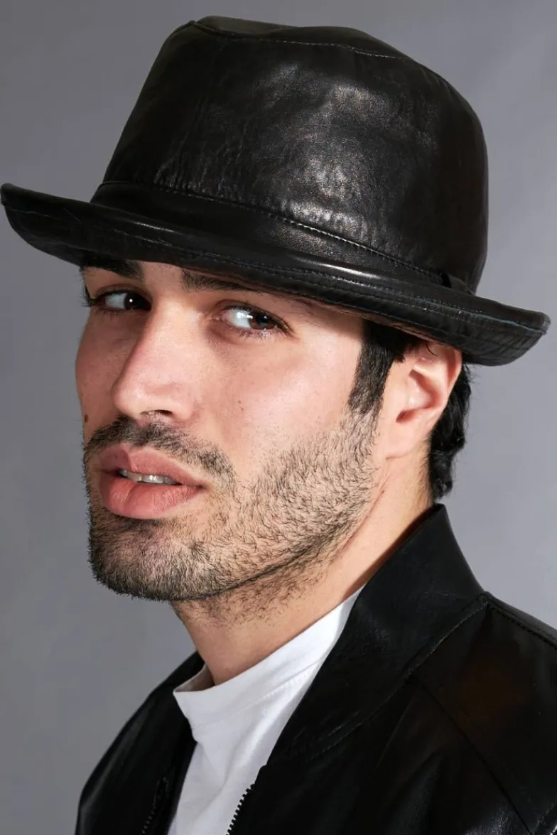 Uomo D'Arienzo New York - Cappello da uomo in pelle nera stile borsalino