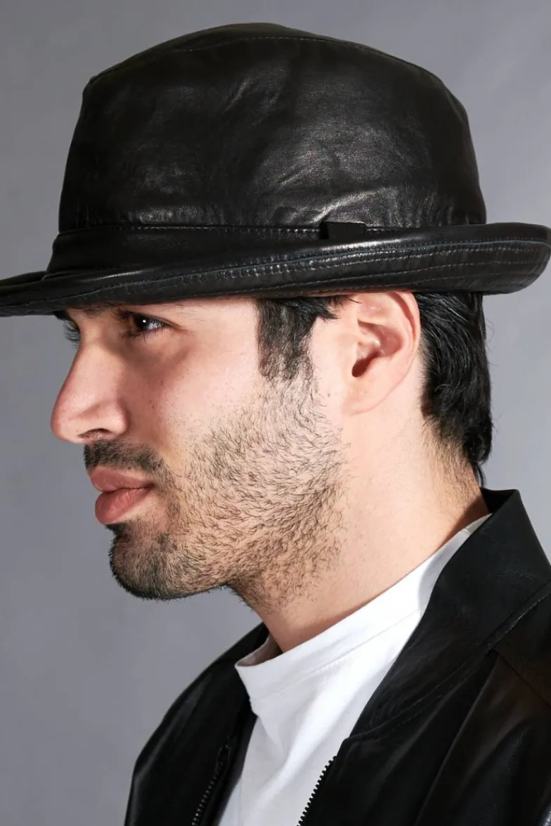 Uomo D'Arienzo New York - Cappello da uomo in pelle nera stile borsalino