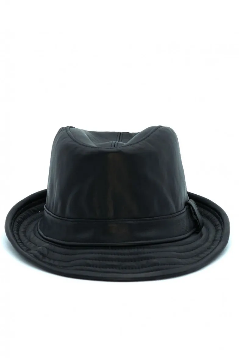 Uomo D'Arienzo New York - Cappello da uomo in pelle nera stile borsalino
