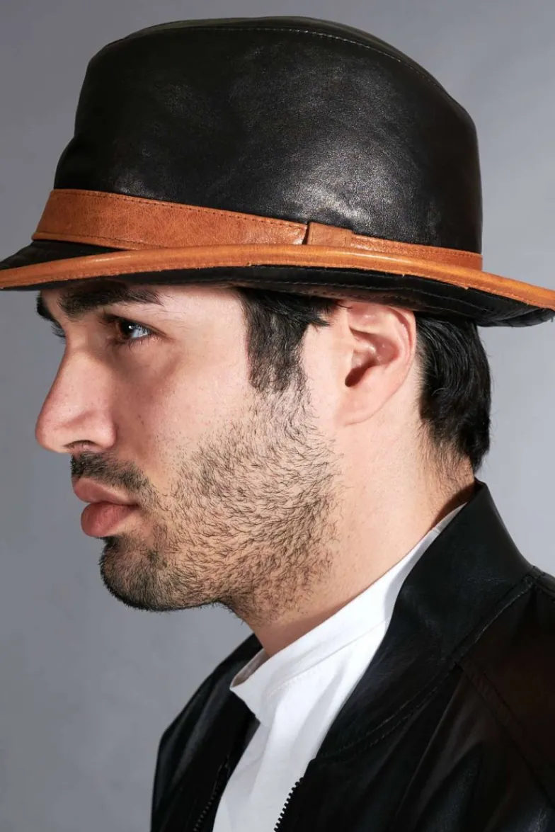 Uomo D'Arienzo New York - Cappello da uomo in pelle nera cuoio stile borsalino