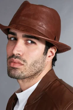 Uomo D'Arienzo New York - Cappello da uomo in pelle vintage marrone stile borsalino