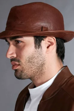 Uomo D'Arienzo New York - Cappello da uomo in pelle vintage marrone stile borsalino