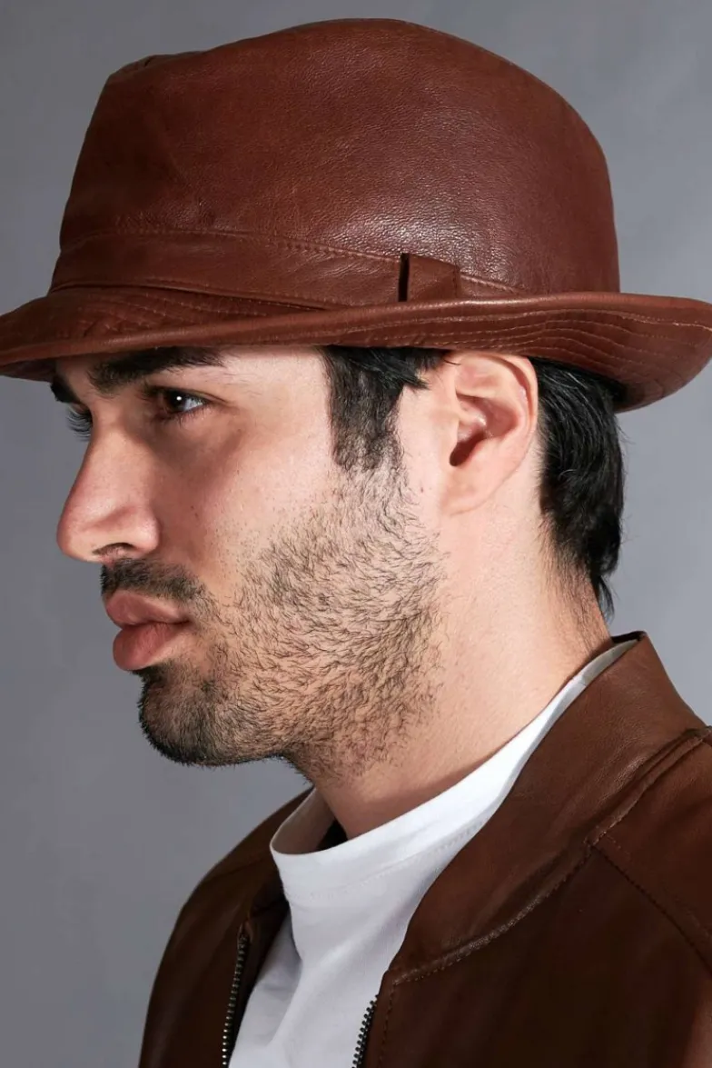 Uomo D'Arienzo New York - Cappello da uomo in pelle vintage marrone stile borsalino