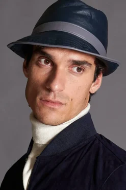 Uomo D'Arienzo New York - Cappello da uomo in pelle blu stile borsalino