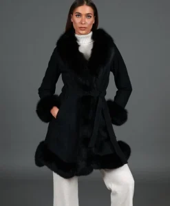 Donna D'Arienzo Olga - Cappotto in montone scamosciato nero con collo in volpe