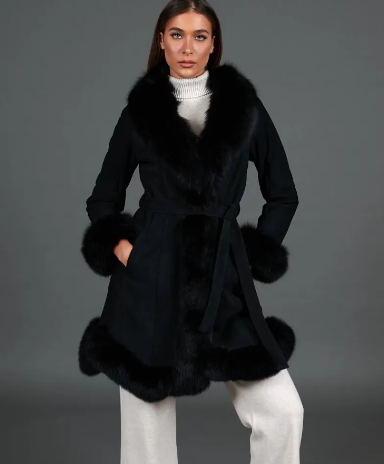 Donna D'Arienzo Olga - Cappotto in montone scamosciato nero con collo in volpe