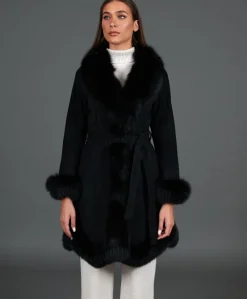 Donna D'Arienzo Olga - Cappotto in montone scamosciato nero con collo in volpe