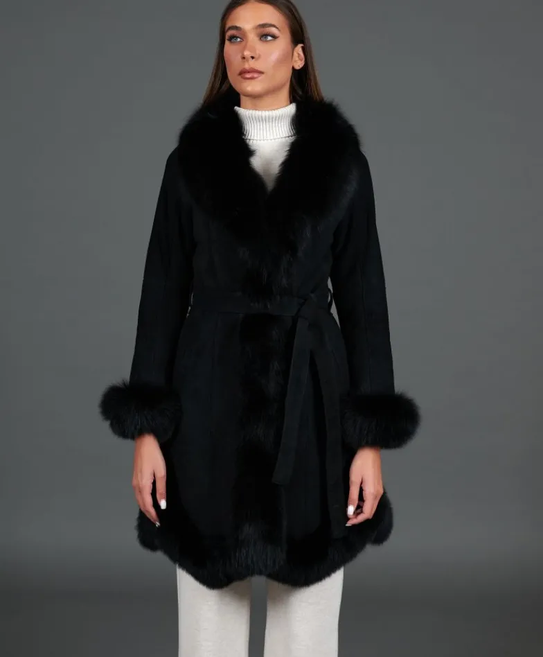 Donna D'Arienzo Olga - Cappotto in montone scamosciato nero con collo in volpe