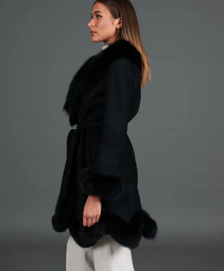 Donna D'Arienzo Olga - Cappotto in montone scamosciato nero con collo in volpe