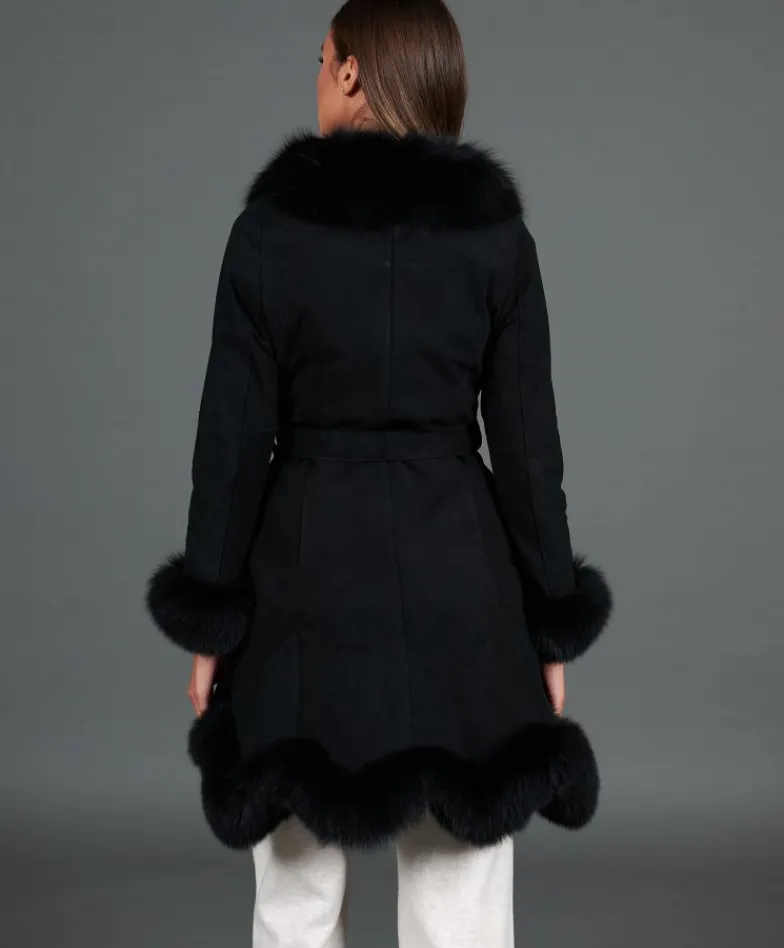 Donna D'Arienzo Olga - Cappotto in montone scamosciato nero con collo in volpe
