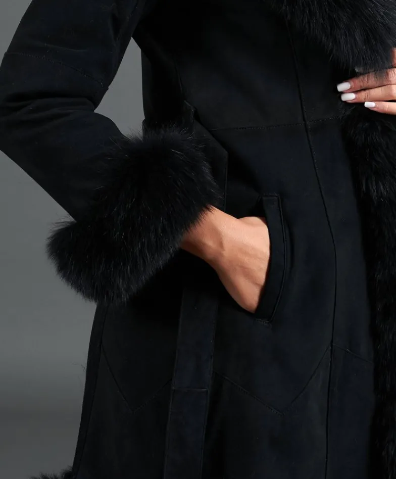 Donna D'Arienzo Olga - Cappotto in montone scamosciato nero con collo in volpe
