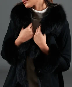 Donna D'Arienzo Olga - Cappotto in montone scamosciato nero con collo in volpe