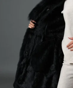 Donna D'Arienzo Olga - Cappotto in montone scamosciato nero con collo in volpe