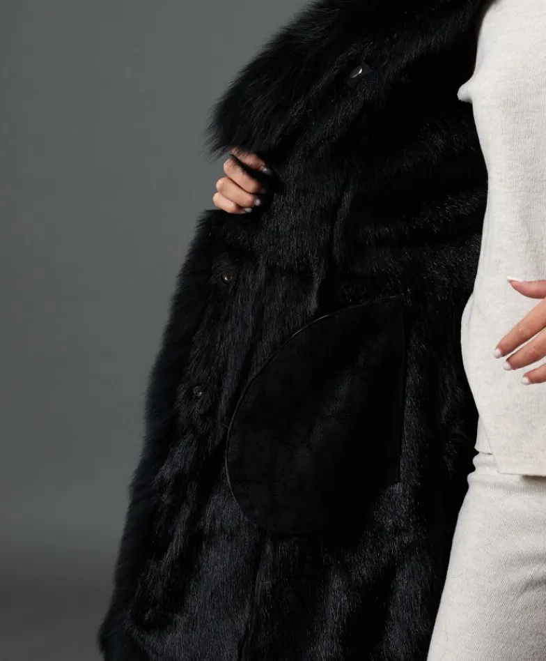 Donna D'Arienzo Olga - Cappotto in montone scamosciato nero con collo in volpe