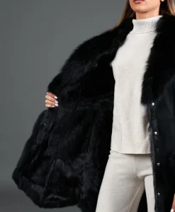Donna D'Arienzo Olga - Cappotto in montone scamosciato nero con collo in volpe