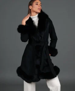 Donna D'Arienzo Olga - Cappotto in montone scamosciato nero con collo in volpe