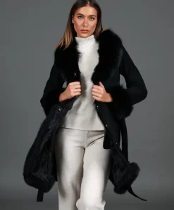 Donna D'Arienzo Olga - Cappotto in montone scamosciato nero con collo in volpe