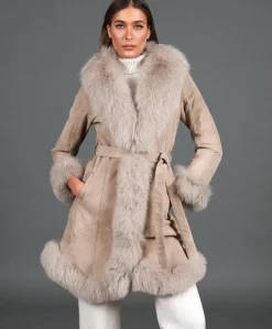 Donna D'Arienzo Olga - Cappotto in montone scamosciato beige con collo in volpe