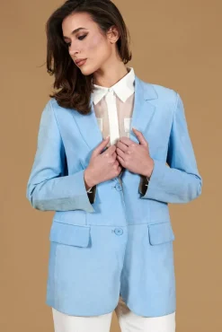 Donna D'Arienzo Olivia - Giacca blazer in pelle scamosciata colore celeste