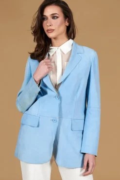 Donna D'Arienzo Olivia - Giacca blazer in pelle scamosciata colore celeste