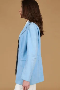 Donna D'Arienzo Olivia - Giacca blazer in pelle scamosciata colore celeste