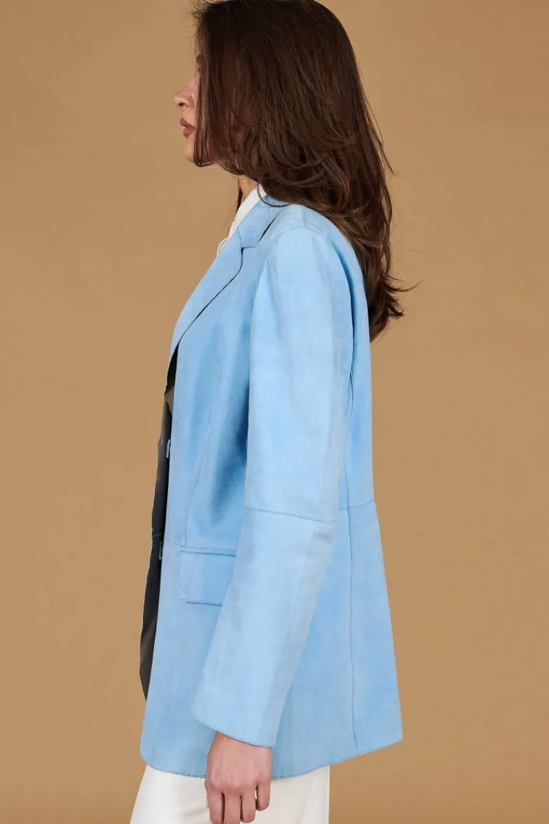 Donna D'Arienzo Olivia - Giacca blazer in pelle scamosciata colore celeste