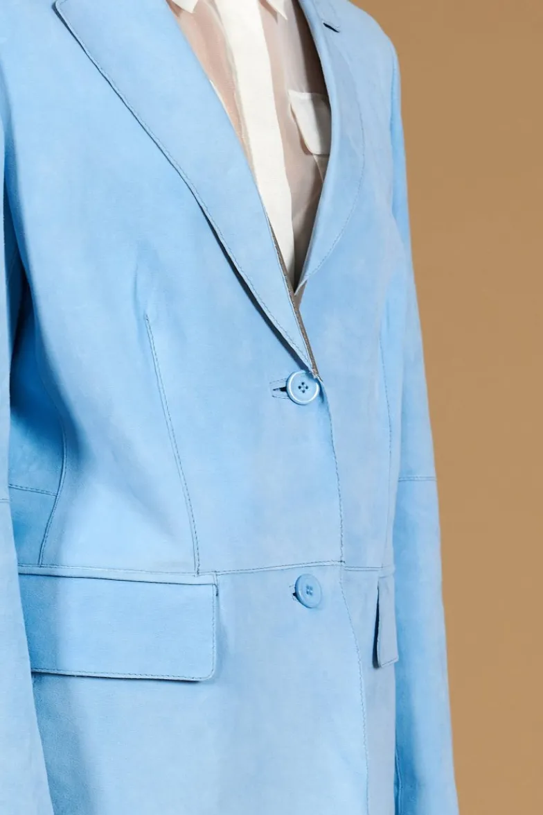 Donna D'Arienzo Olivia - Giacca blazer in pelle scamosciata colore celeste