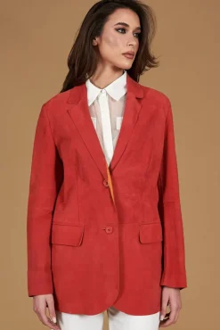 Donna D'Arienzo Olivia - Giacca blazer in pelle scamosciata colore corallo