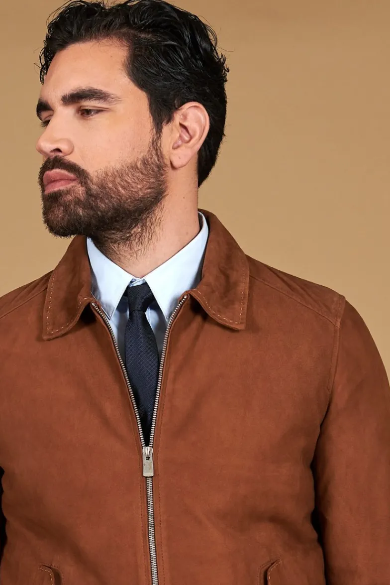 Uomo D'Arienzo Owen - Giacca in camoscio color cuoio con colletto camicia impunturato a mano