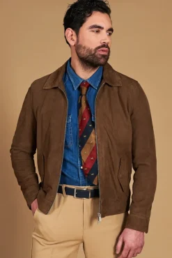 Uomo D'Arienzo Owen - Giacca in camoscio color fango con colletto camicia impunturato a mano