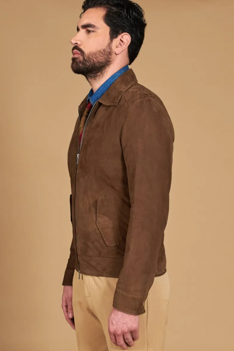 Uomo D'Arienzo Owen - Giacca in camoscio color fango con colletto camicia impunturato a mano