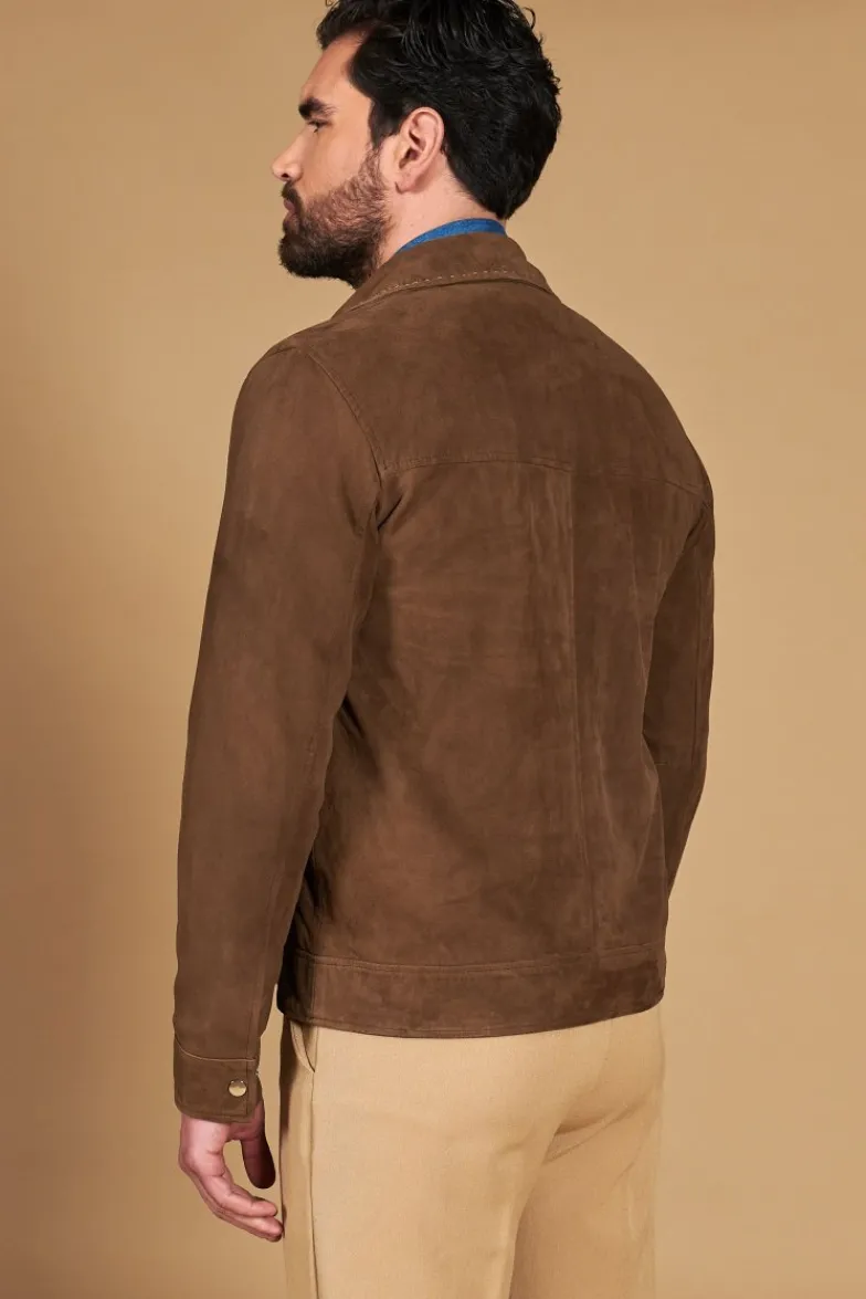 Uomo D'Arienzo Owen - Giacca in camoscio color fango con colletto camicia impunturato a mano