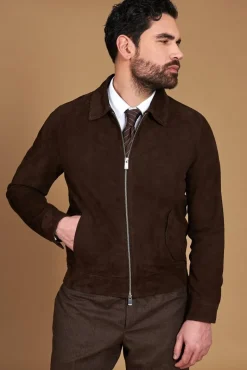 Uomo D'Arienzo Owen - Giacca in camoscio color testa di moro impunturata colletto camicia