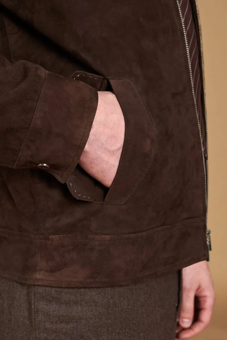 Uomo D'Arienzo Owen - Giacca in camoscio color testa di moro impunturata colletto camicia