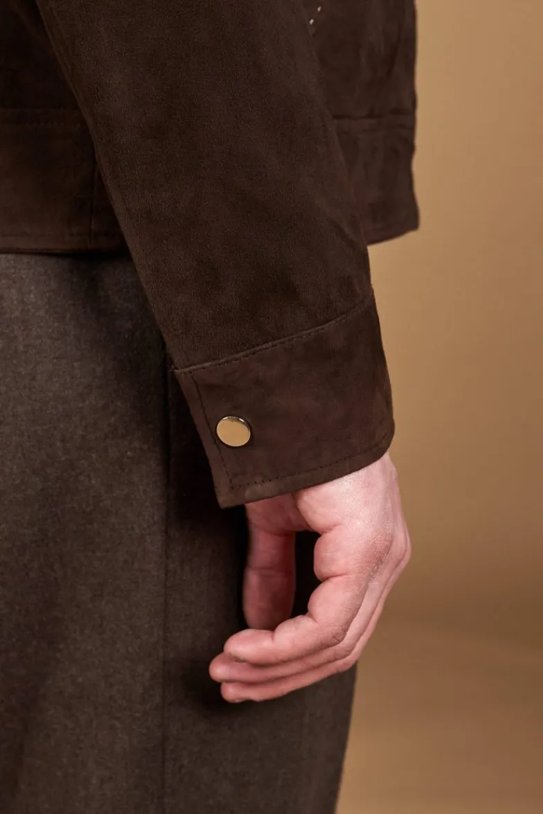 Uomo D'Arienzo Owen - Giacca in camoscio color testa di moro impunturata colletto camicia