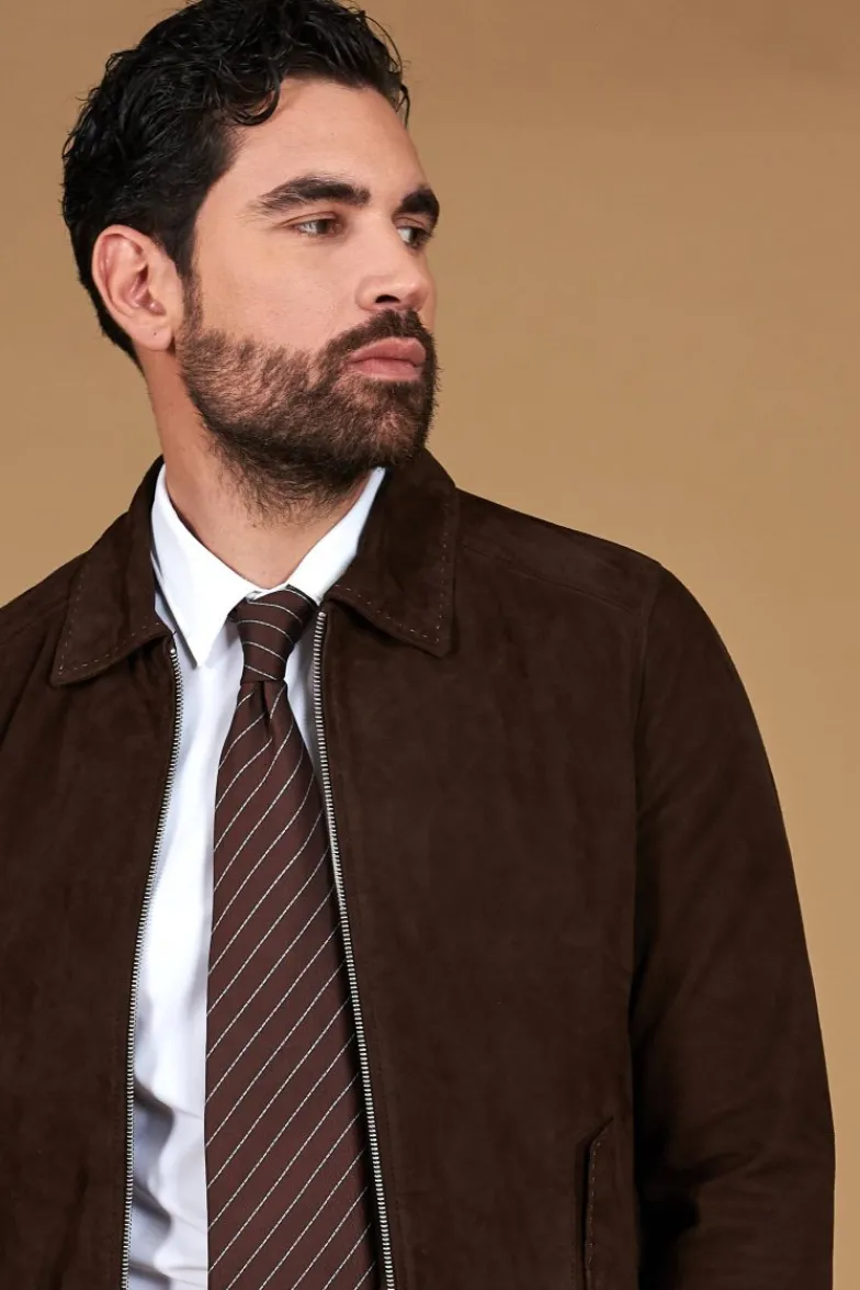Uomo D'Arienzo Owen - Giacca in camoscio color testa di moro impunturata colletto camicia