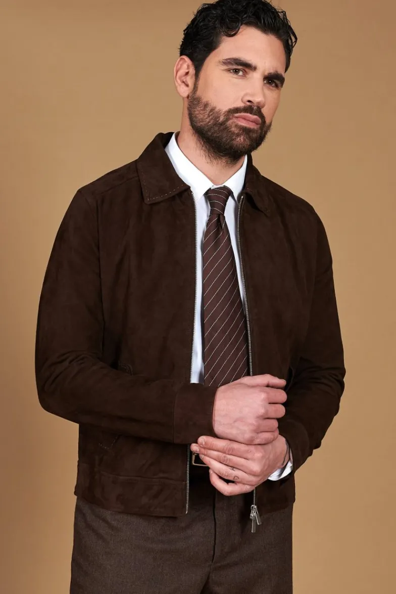 Uomo D'Arienzo Owen - Giacca in camoscio color testa di moro impunturata colletto camicia