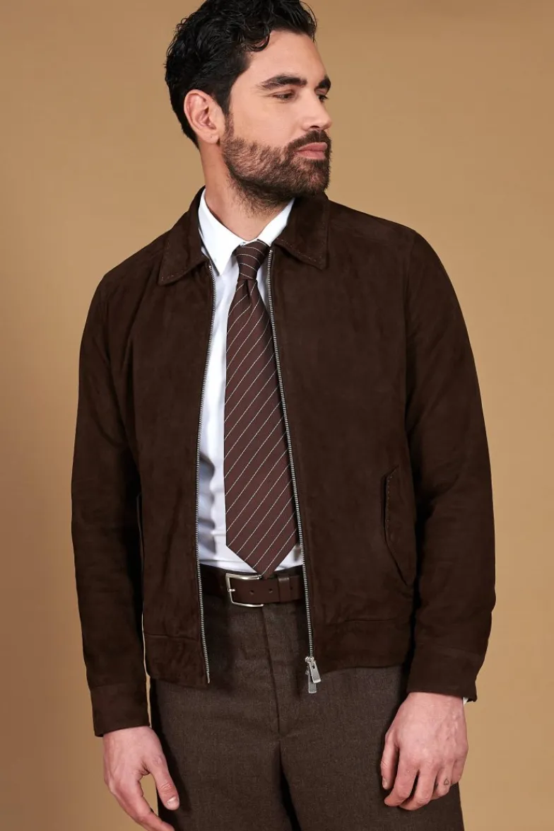 Uomo D'Arienzo Owen - Giacca in camoscio color testa di moro impunturata colletto camicia