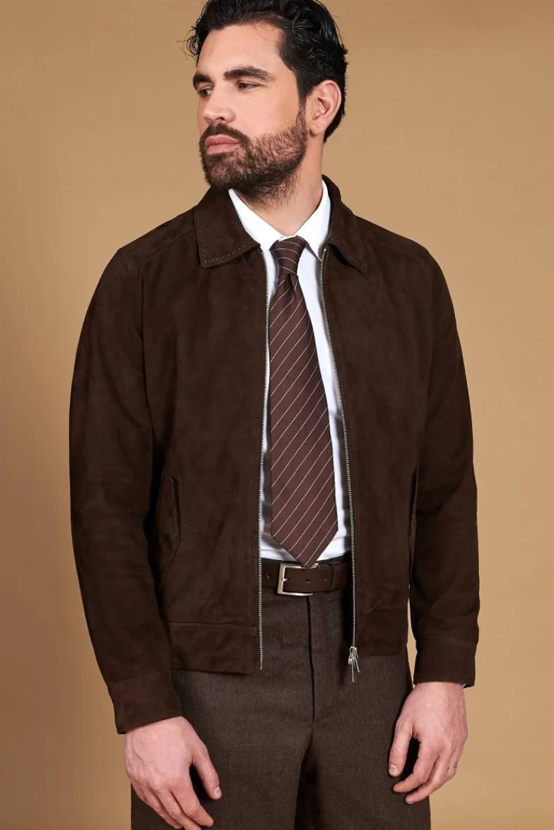Uomo D'Arienzo Owen - Giacca in camoscio color testa di moro impunturata colletto camicia