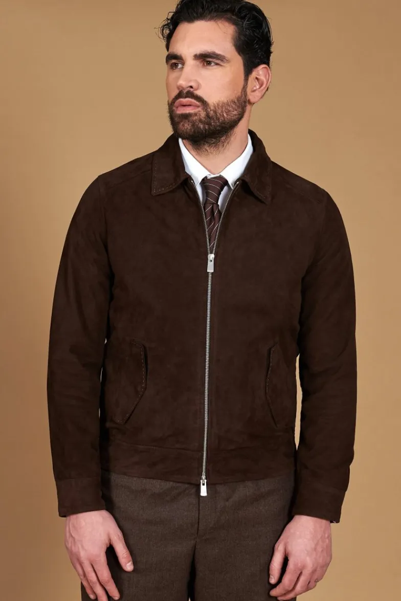 Uomo D'Arienzo Owen - Giacca in camoscio color testa di moro impunturata colletto camicia
