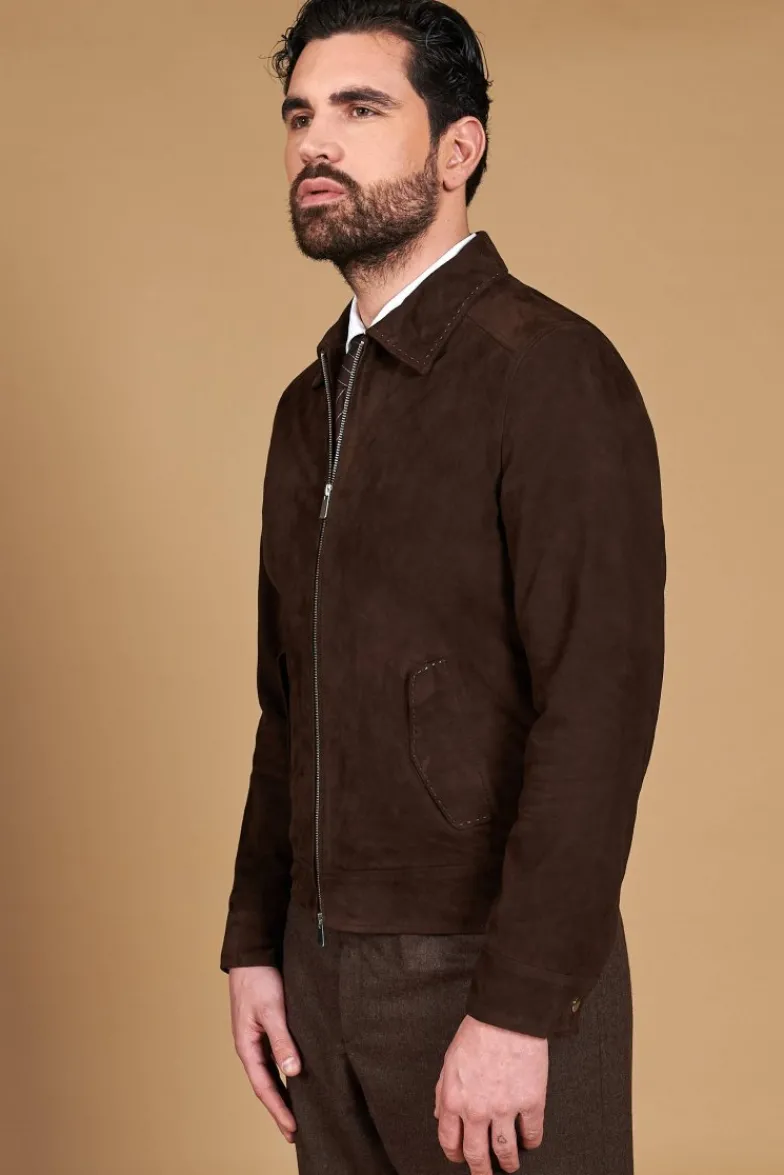 Uomo D'Arienzo Owen - Giacca in camoscio color testa di moro impunturata colletto camicia