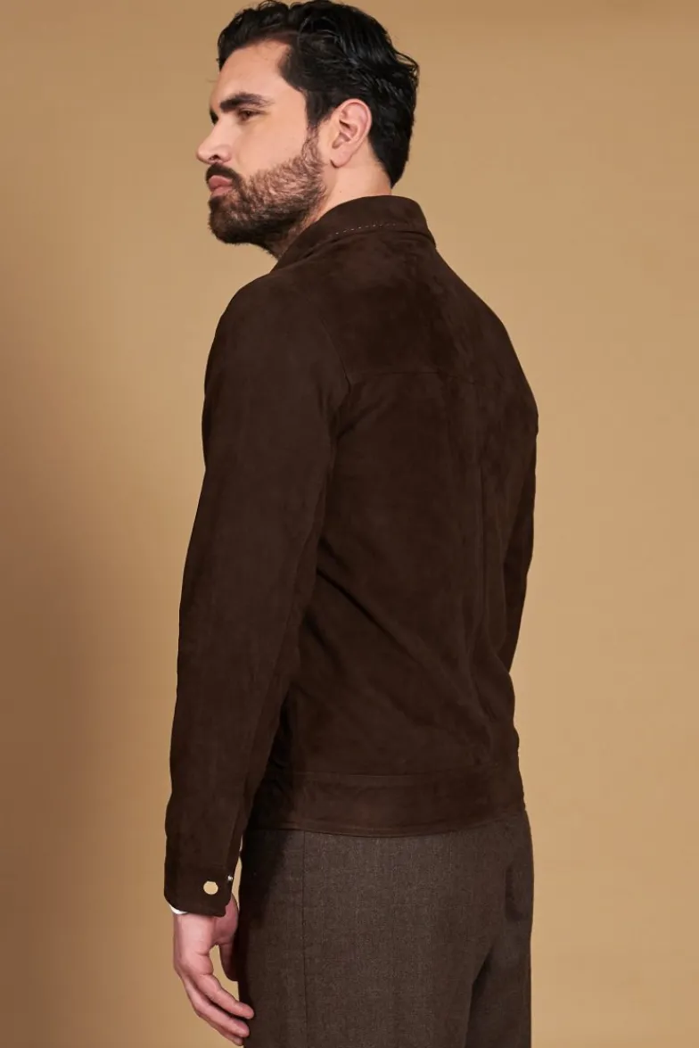Uomo D'Arienzo Owen - Giacca in camoscio color testa di moro impunturata colletto camicia