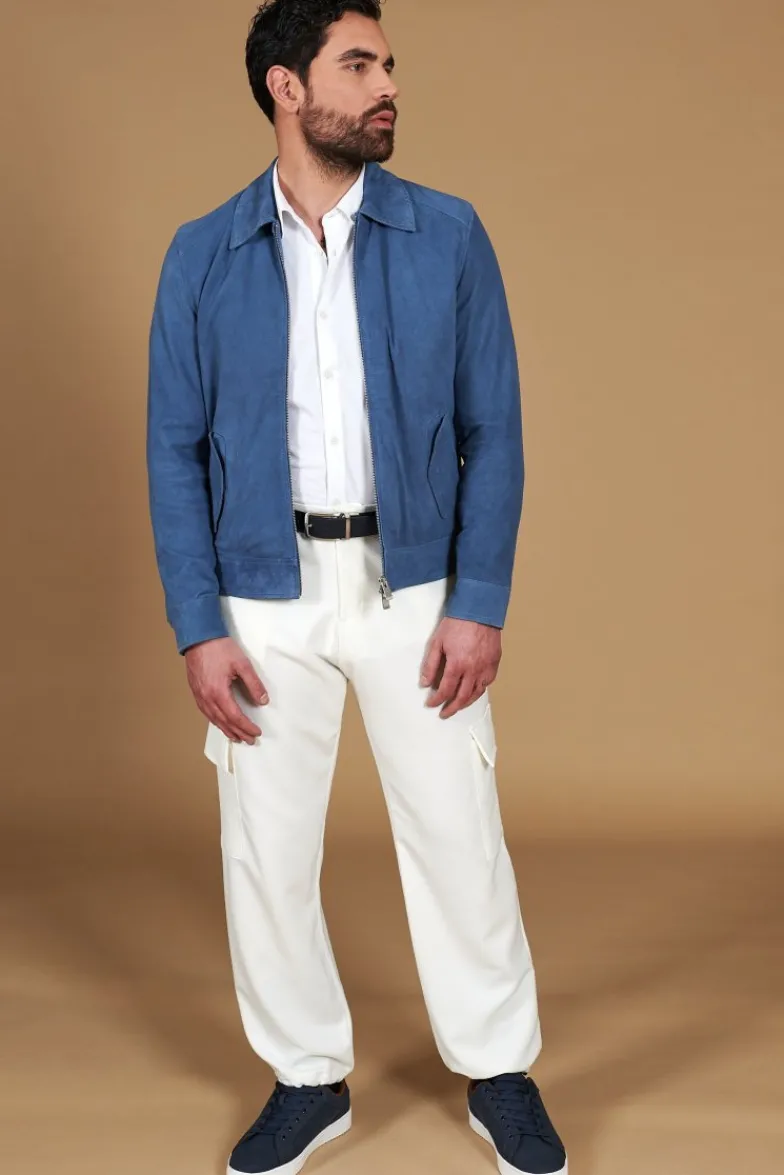 Uomo D'Arienzo Owen - Giacca in camoscio denim blu con colletto camicia impunturato a mano