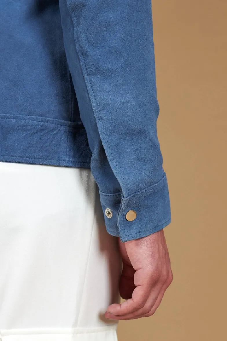 Uomo D'Arienzo Owen - Giacca in camoscio denim blu con colletto camicia impunturato a mano