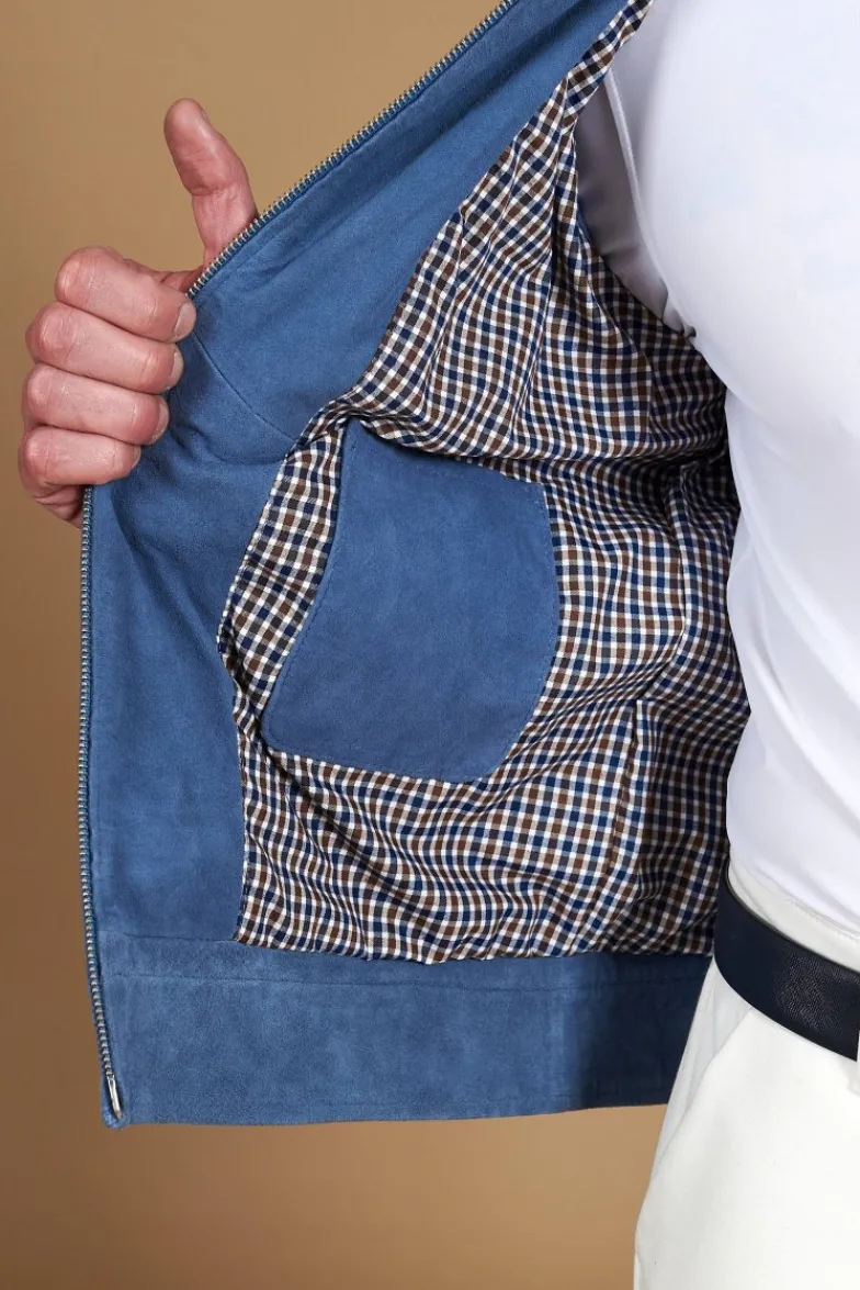 Uomo D'Arienzo Owen - Giacca in camoscio denim blu con colletto camicia impunturato a mano
