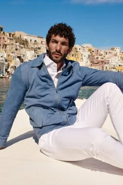 Uomo D'Arienzo Owen - Giacca in camoscio denim blu con colletto camicia impunturato a mano