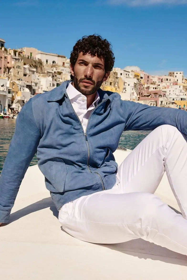 Uomo D'Arienzo Owen - Giacca in camoscio denim blu con colletto camicia impunturato a mano