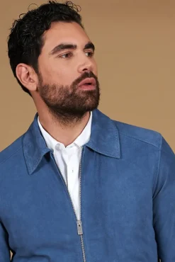 Uomo D'Arienzo Owen - Giacca in camoscio denim blu con colletto camicia impunturato a mano