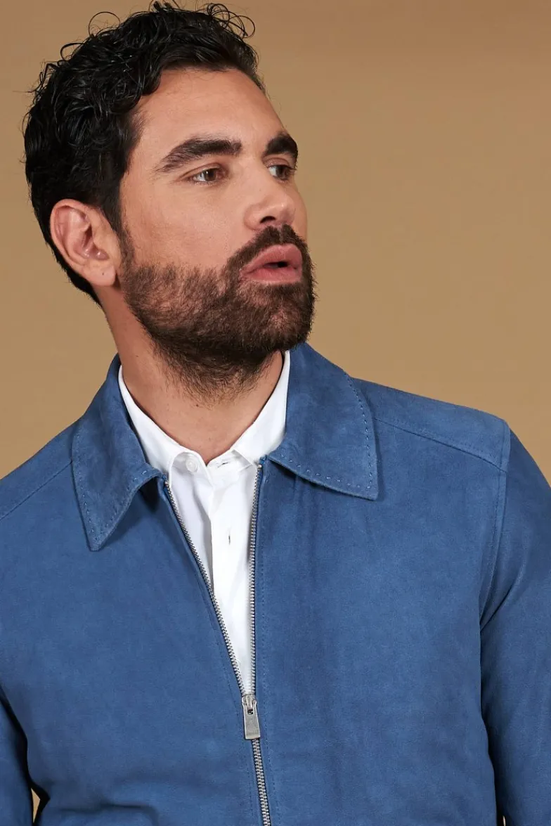 Uomo D'Arienzo Owen - Giacca in camoscio denim blu con colletto camicia impunturato a mano